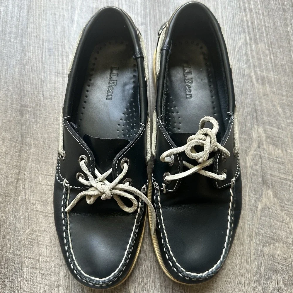 LL Bean Casco Bay Blue Leather Moc Toe Boat‎ Shoes Loafers Mens Size 7.5
